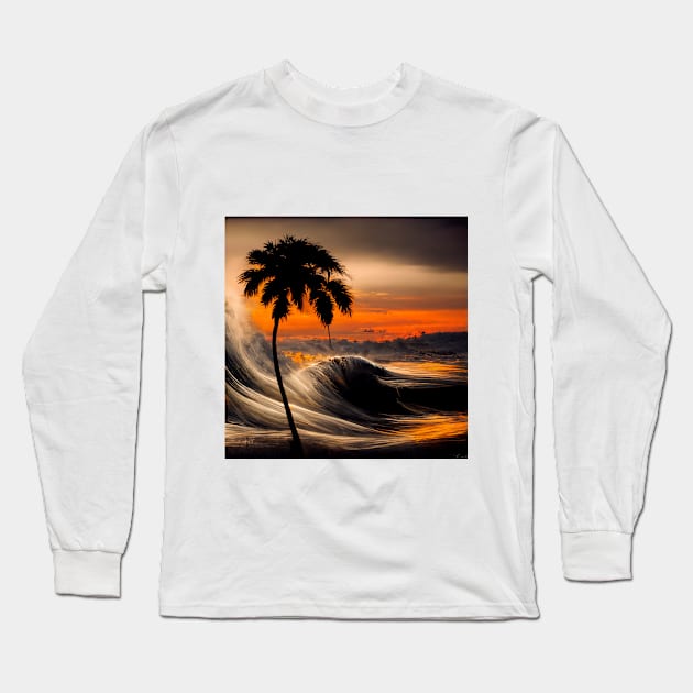 Crashing Waves at the Shore Beach Life Tree Sunset Long Sleeve T-Shirt by FoolDesign
